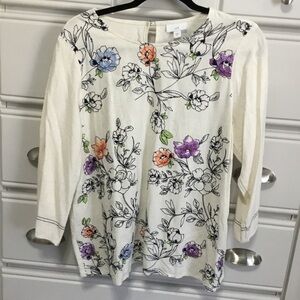 J.Jill Embroidered Botanical Garden Linen Blend 3/4 Sleeve Top M